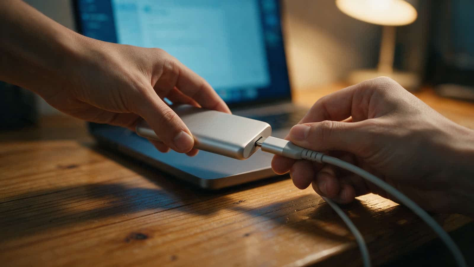Hände schließen ein USB C Kabel an eine externe SSD an