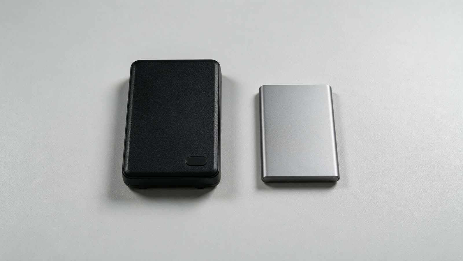 Externe SSD neben einer klassischen externen Festplatte im Größenvergleich