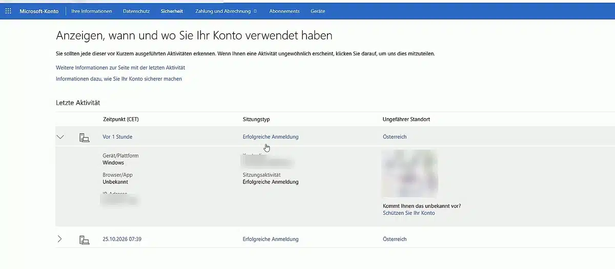 Microsoft Konto gehackt prüfen: Liste der letzten Anmeldungen mit Zeitpunkt, Sitzungstyp und Standort