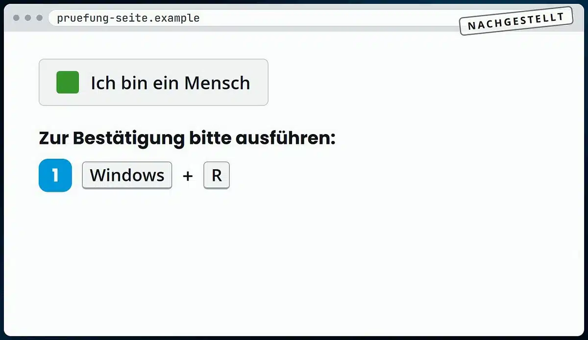 Nachgestellte falsche Prüfseite: Ich bin ein Mensch, zur Bestätigung Windows und R drücken