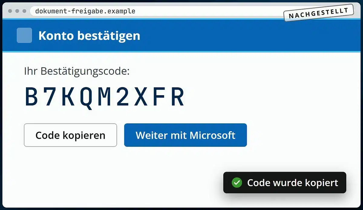 Nachgestellte Lockseite mit Bestätigungscode und den Knöpfen Code kopieren und Weiter mit Microsoft