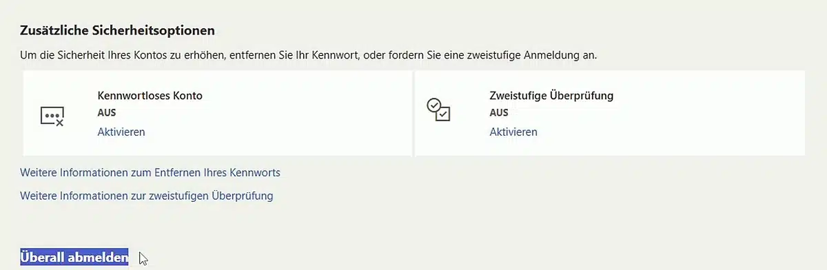 Zusätzliche Sicherheitsoptionen mit zweistufiger Überprüfung und dem Punkt Überall abmelden
