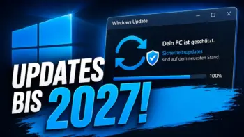 Vorschaubild des Videos: Windows Update meldet Sicherheitsupdates, dazu der Schriftzug Updates bis 2027
