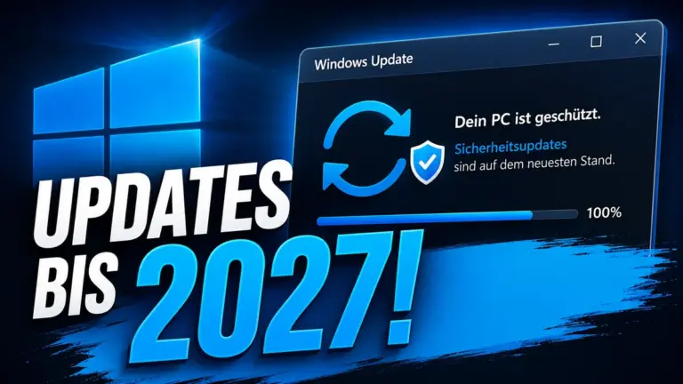 Vorschaubild des Videos: Windows Update meldet Sicherheitsupdates, dazu der Schriftzug Updates bis 2027